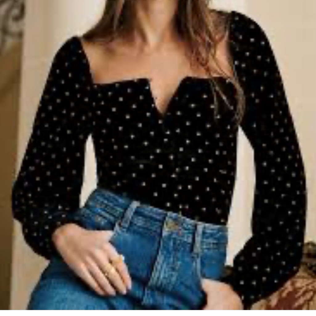 Szane Velvet Black And Gold Polka Dot Top